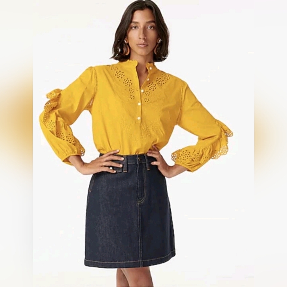 J Crew Eyelet Ruffle Sleeves Popover Blouse Yellow XS